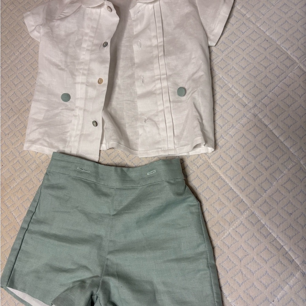 Kids Short-Sleeve White Button Shirt & Sage Green Shorts Set